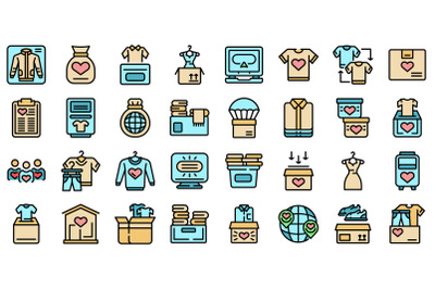 Clothes donation icons set line color vector