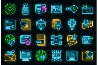 SSL certificate icons set vector neon