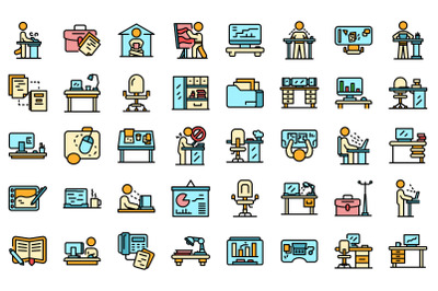 Ergonomic workplace icons set line color vector