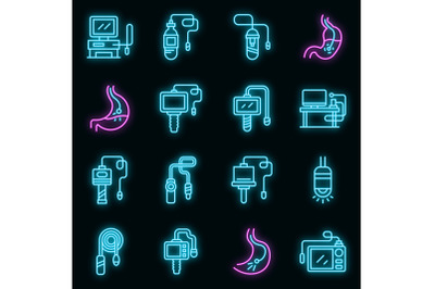 Endoscope icons set vector neon