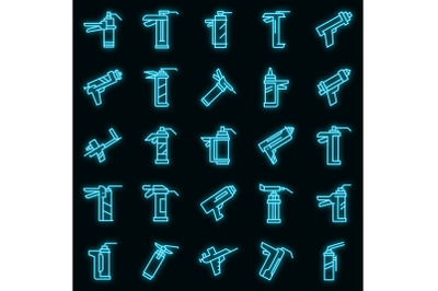 Silicone caulk gun icons set vector neon