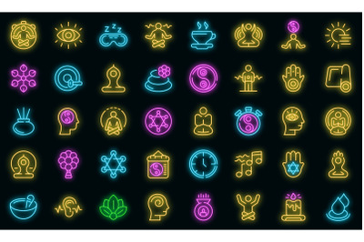 Spiritual practices icons set vector neon