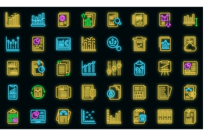 Business report icons set vector neon