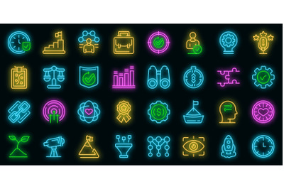 Core values icons set vector neon