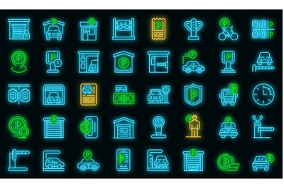 Paid parking icons set vector neon