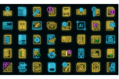 Technical document icons set vector neon