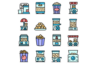 Popcorn maker machine icons set vector flat