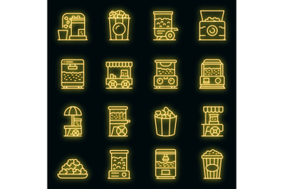 Popcorn maker machine icons set vector neon