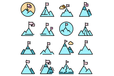 Flag on mountain icons set vector flat