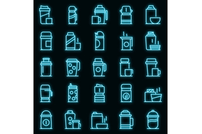 Thermo cup icons set vector neon