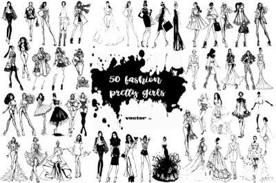 50 fashion pretty girls illustration vector +