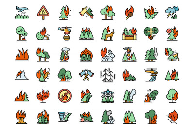 Burning forest icons set vector flat