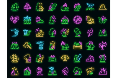 Burning forest icons set vector neon