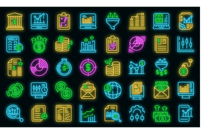 Result money icons set vector neon