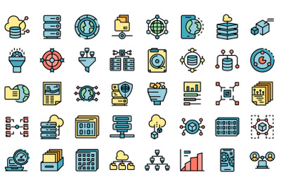 Big data icons set line color vector