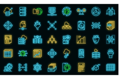 Big data icons set vector neon