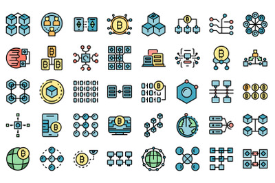 Block chain icons set line color vector