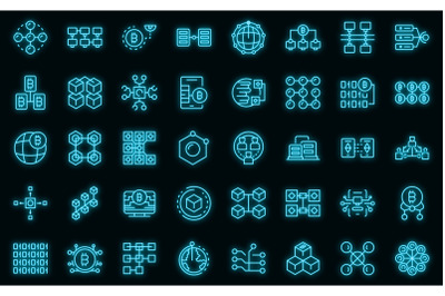 Block chain icons set vector neon