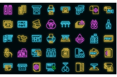 Digital printing icons set vector neon