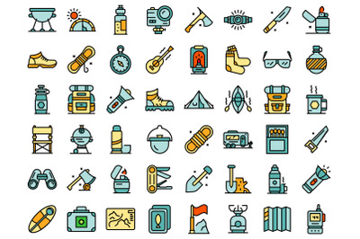 Equipment for hike icons set line color vector