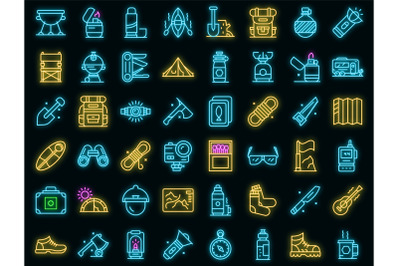 Equipment for hike icons set vector neon