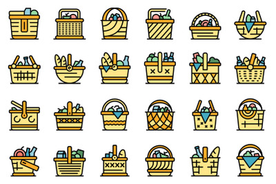 Picnic basket icons set line color vector