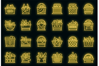 Picnic basket icons set vector neon