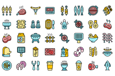 Grilled food icons set line color vector