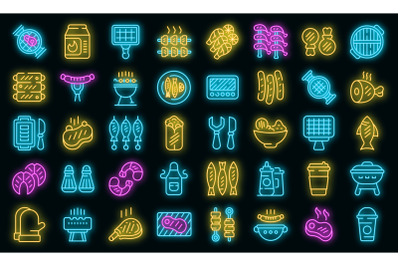 Grilled food icons set vector neon