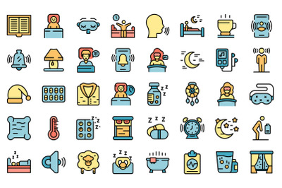 Sleep problems icons set line color vector