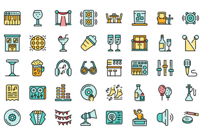 Night club icons set line color vector