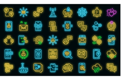 Messaging network icons set vector neon