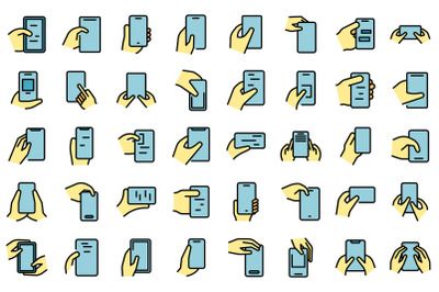 Hand holding phone icons set line color vector