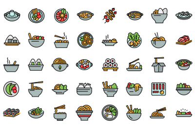 Korean cuisine icons set line color vector