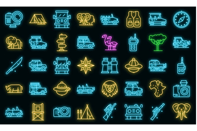 Jeep safari icons set vector neon