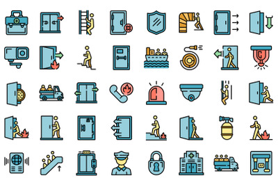 Human evacuation icons set line color vector