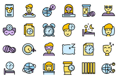 Jet lag icons set line color vector