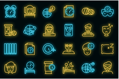 Jet lag icons set vector neon