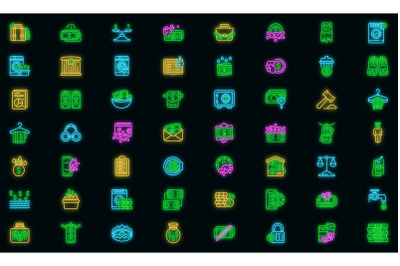 Anti-money laundry icons set vector neon