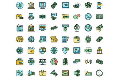 Bank cash icons set line color vector