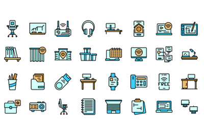 Smart office space icons set line color vector