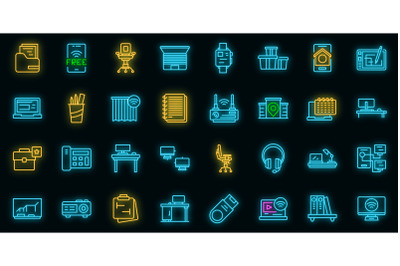 Smart office space icons set vector neon