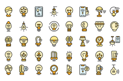 Smart lightbulb icons set line color vector