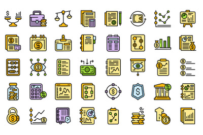 Financial planning icons set line color vector