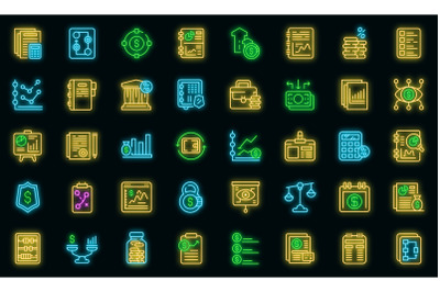 Financial planning icons set vector neon