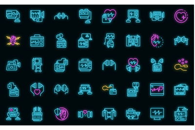 Defibrillator icons set vector neon