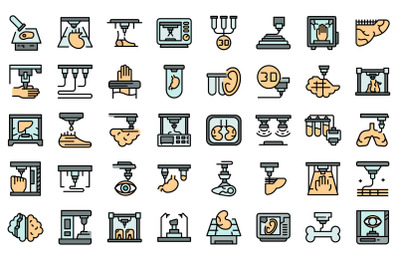 Bioprinting icons set line color vector