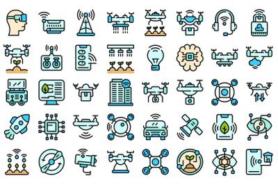 Drone technology icons set line color vector