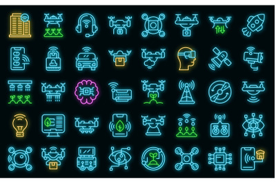 Drone technology icons set vector neon