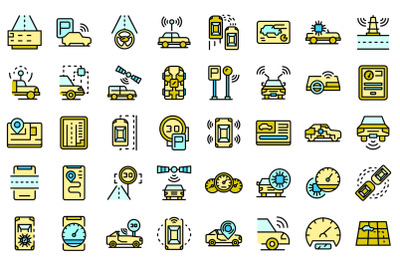 Autonomous car icons set line color vector